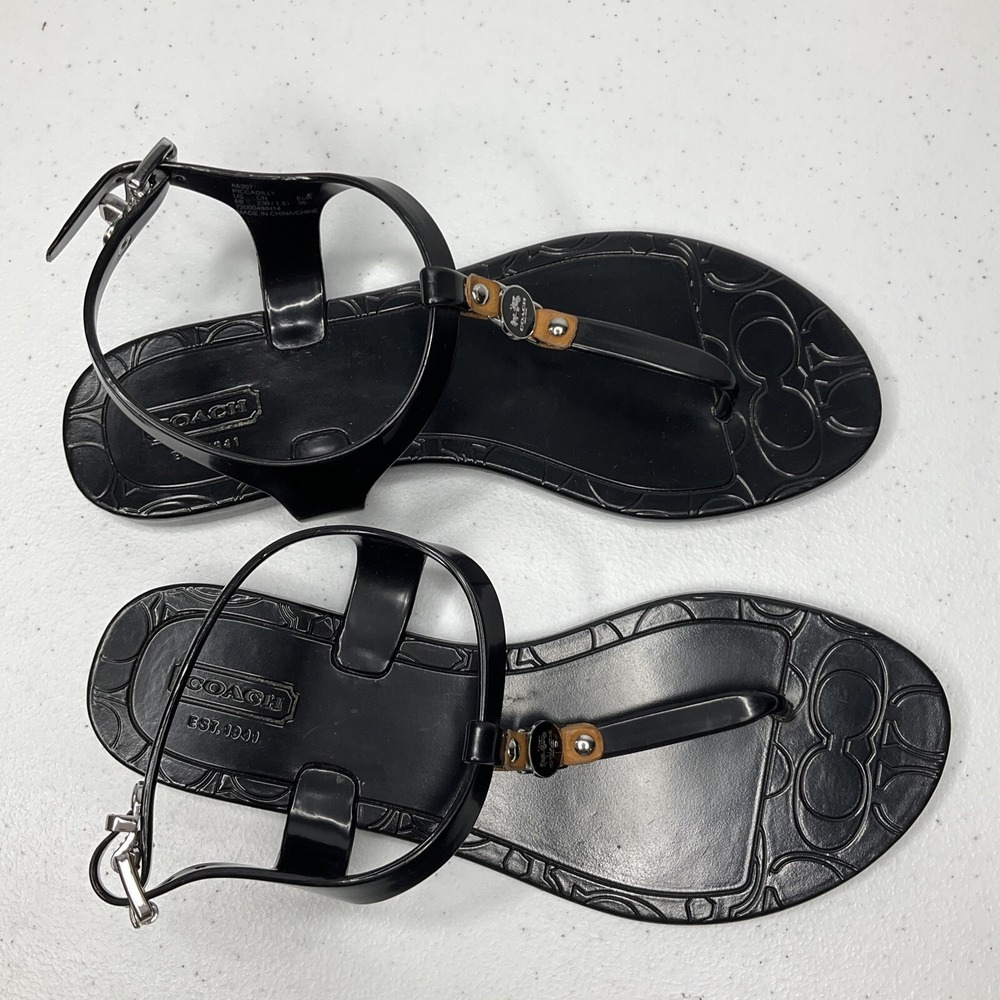 Coach Piccadilly Sandals Womens Sz 6B Black Rubber T-Strap Thong Signature Logo - Picture 7 of 8